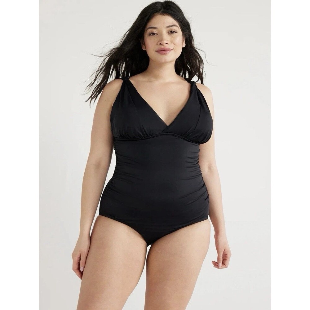 Time and Tru One-Piece Swimsuit XL Black V-Neck Ruched Slimming Bathing Suit